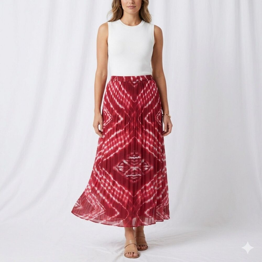 Chico's Maxi SKIRT size 2.5 (14) Red Pull On Pleated Broomstick Crinkle Lined